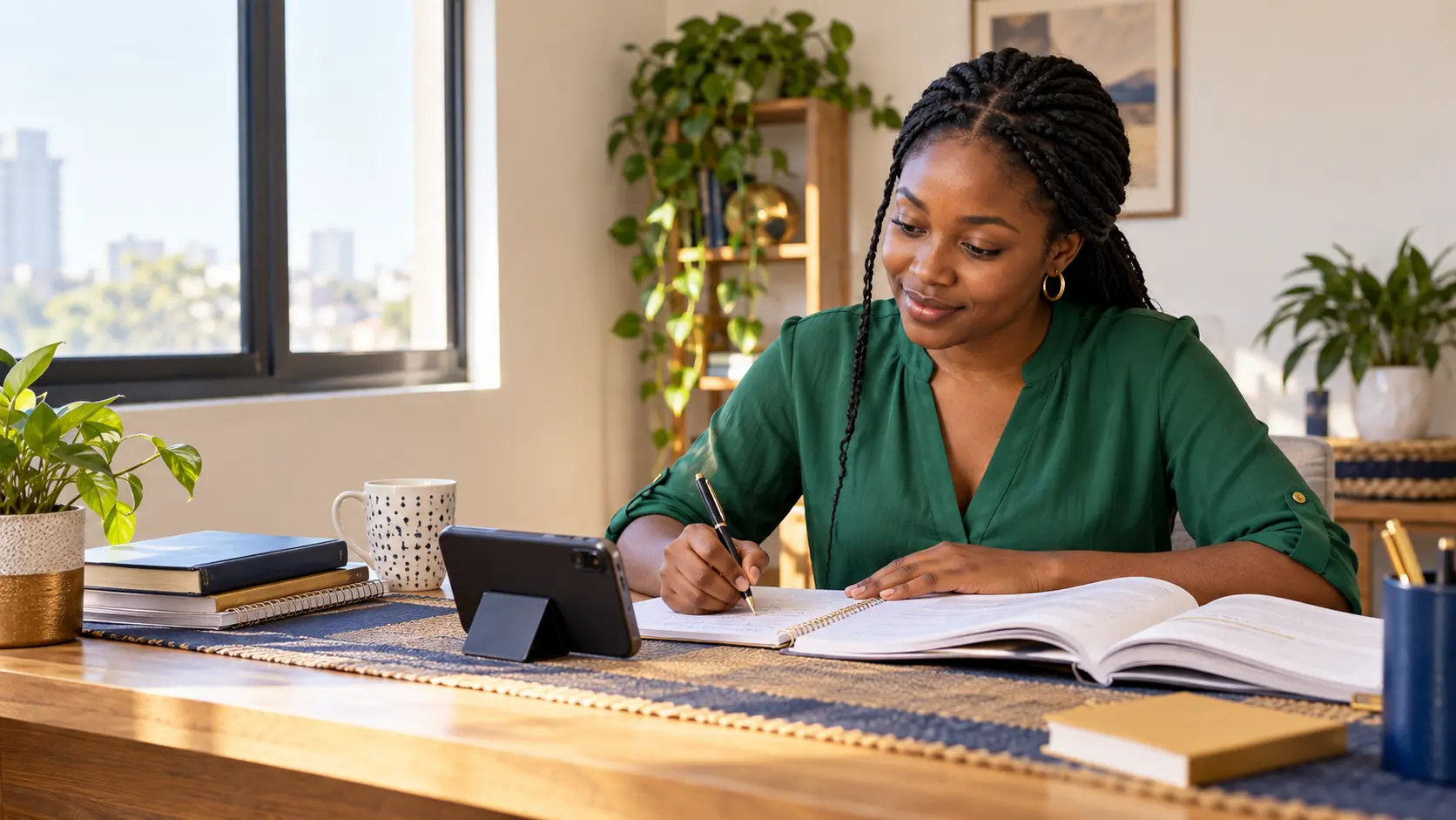 Sales professional practising a lesson with her notes and phone